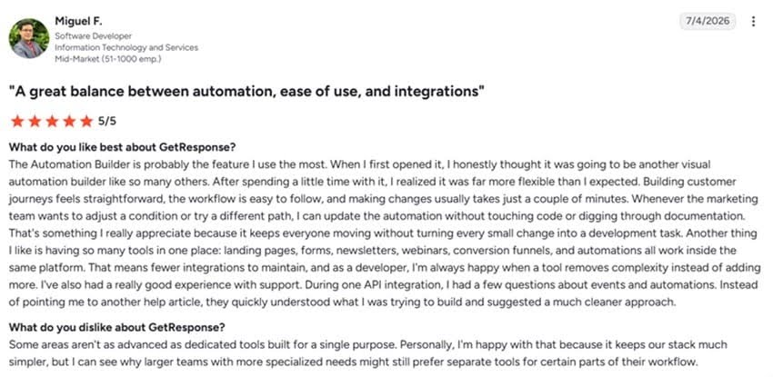 A screenshot of a 5-star G2 review by Miguel F. praising GetResponse for its balance between automation, ease of use, and integrations.